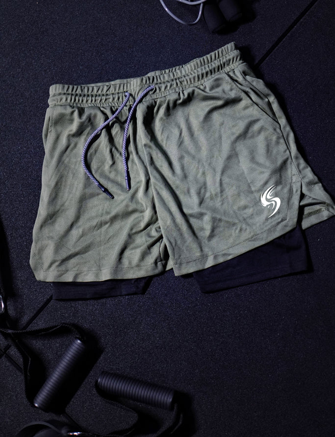 'Legendary' Dual layer Shorts - Army Green/Black