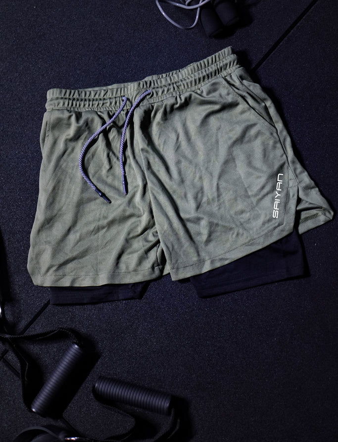 'Saiyan' Dual layer Shorts - Army Green/Black