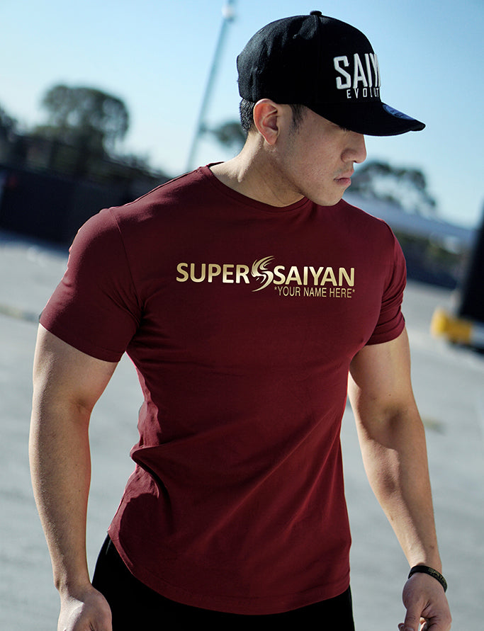 CUSTOM NAME 'SUPER SAIYAN' Performance T-Shirt - Dark Red/Gold