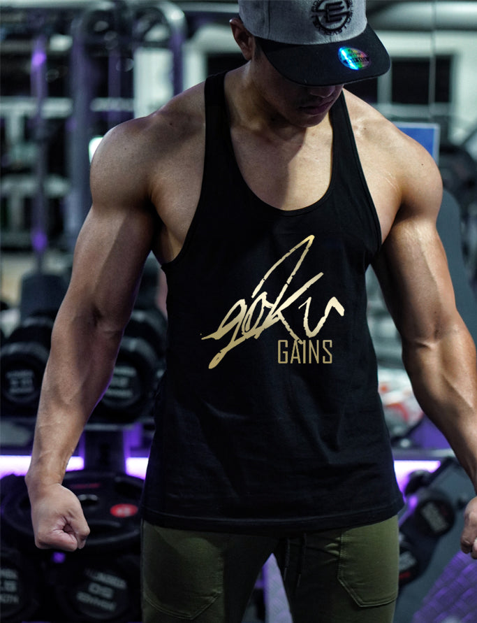 'Goku Gains' Mens Y Back Gym Singlet - Black/Gold